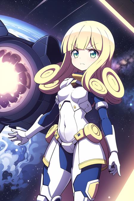 masterpiece, 1girl, best quality, poporon \(jashin-chan dropkick\), blonde hair, battlesuit, space, nebula, futuristic, cybernetic, frown