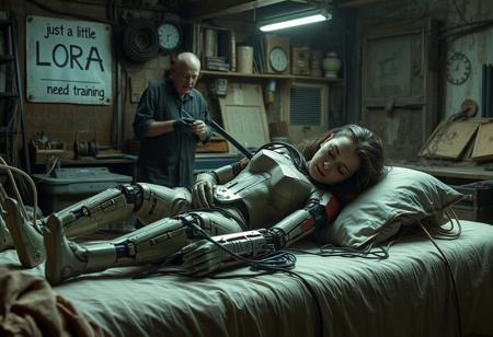 an image of  a  cybernetic girl sleep on a bed, ultra detailed female android .her body is  only partially assembled, she is lay down with  visible wires and parameters on its arms. There is a large sign nearby that says 'LORA need training.' The she has multiple wires hanging out, including short wires. The scene depicts ongoing work in an old, rustic environment. An old man stands sadly beside the bed in an old, rustic workshop, holding a sign that says 'just a little BUZZ. lot of lightings in the room . this is sci fi  image