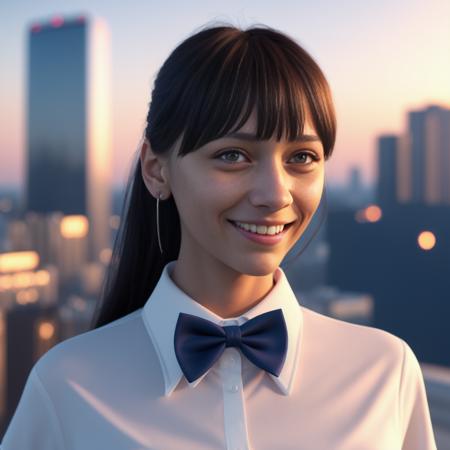 a photo of rashjon-2100, (extremely detailed CG unity 8k wallpaper), (masterpiece), (best quality), (ultra-detailed), (best illustration), (best shadow), ultra-high res, (realistic, photo-realistic:1.2), 1girl, shopping mall rooftop cafe, white opaque shirt with bow tie, puffy eyes, looking at viewer, smile, close up,