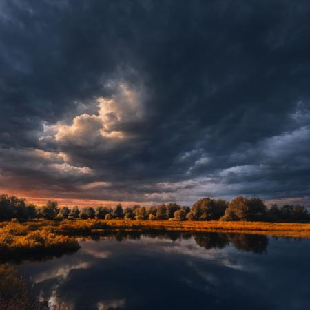 raw, romantic forest fields with pond, storm cloudy sky <lyco:Cloudify:0.55>  <lora:LowRA:1> (sunset red sky:1.1),  autumn sun low on horizon, desert oasis  <lora:treebark:0.15> lightning