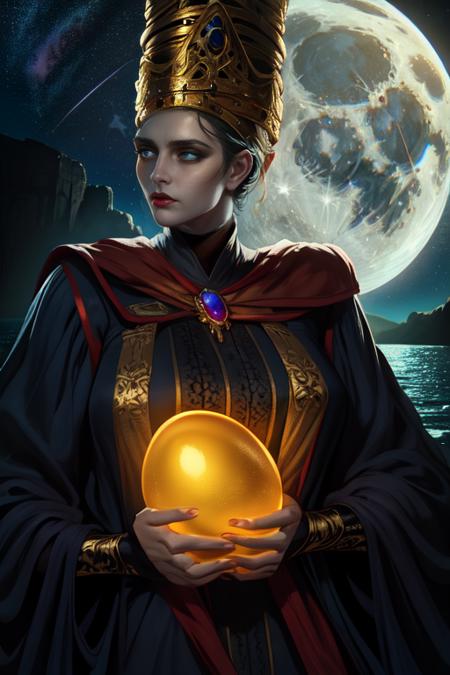 Rennala,short black hair,blue eyes,  upper body, sad expression,   cowboy shot,  looking at glowing gold egg,  holding a large glowing yellow egg, 
ReDres,jewelry, tight blue robe,long crown,long sleeves,
wide sleeves,
tall woman, 
empty lake, moon close-up, nighttime ,stars, 
dark dungeon,(insanely detailed, beautiful detailed face, masterpiece, detailed eyes, best quality),realistic, <lora:Rennala-10:0.8>