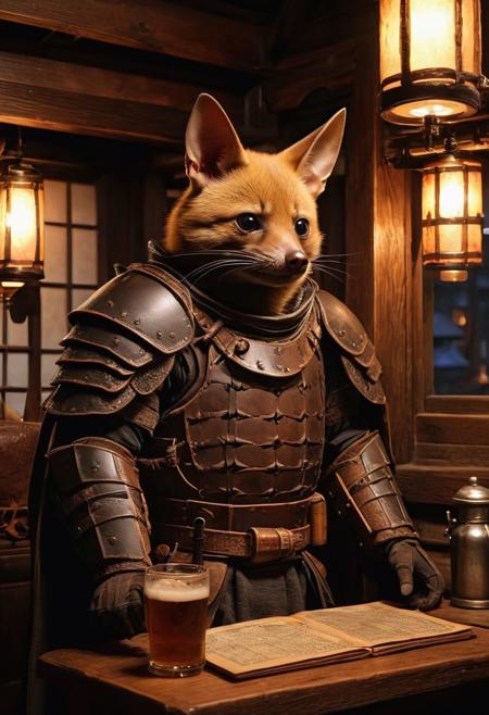 fantasy anthropomorphic a (japanese-fruit-bat) (fox-bat: 0.79) (warrior: 1.19) (brown-leather armor) in dark japanese-tavern holding a pint of ale in a cozy environment with gas lamps oriental japanese-woodworking warm brick fireplace and (paper windows) (japanese-style-architecture) (black ears)