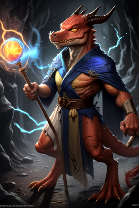 kobold, snout, horns, claws, tail, scales, yellow eyes, fangs, red skin <lora:DnDKobold-V2:0.85> staff, robe, mage, magic,