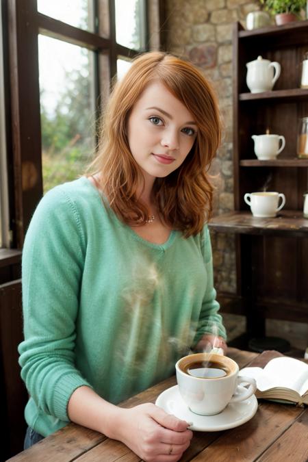<lora:LassSD:0.8> A young woman in a cozy vintage café, wearing a sweater and having a steaming cup of coffee. Sunlight streams through large windows, illuminating her serene expression. Rustic furniture, antique decor, shelves with books and jars, soft golden lighting, tranquil atmosphere. RAW photo, soft lighting, 8K UHD, DSLR, film grain, Nikon D850.