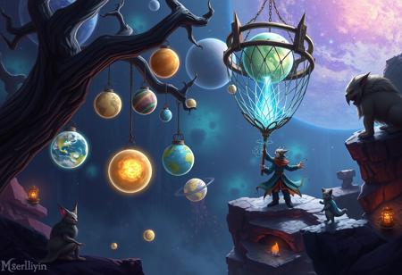 Envision a fantasy realm where the Planet Catcher travels between worlds, gathering planets in a magical net. Each captured planet glows with its own unique light, and the character interacts with fantastical beings that assist them in their quest. Use rich colors and intricate details to evoke a sense of wonder and adventure.