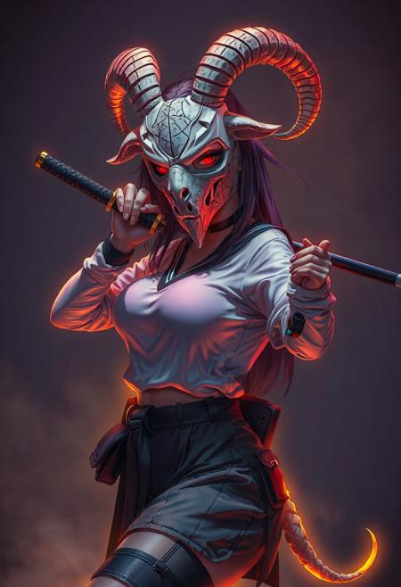 (dynamic compostion:1.2), anime style, masterpiece, best quality, amazing quality, very aesthetic, absurdres, newest, 8K,HDR,absurdres, colorful, 1girl, large breasts, action pose, ultra detailed cracked goat_mask, goat lighting, holding one katana, school uniform, harness, thigh pouch, glowing yellow goat tails, glitch art, virtual, colored shadow, geometry, local color adaptation, hdr, (chromatic aberration, polarized:1.2),