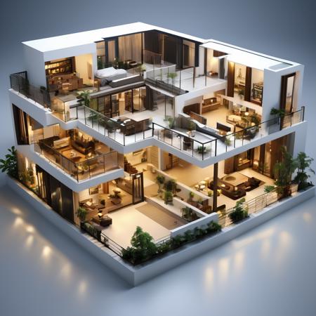 Perspective view of the house type, Urban-style home, a large house with a lot of windows and lights on the floor and a balcony and living room in the middle, RAW image, Super Reality, Surprised Silent Wind, Bright environment, contemporary design, Simple and atmospheric, The floor plan includes a living room, bedroom, kitchen, bathroom, study, modern urban style home, <lora:Urban-style home XL1.0v1.1-000004:1>