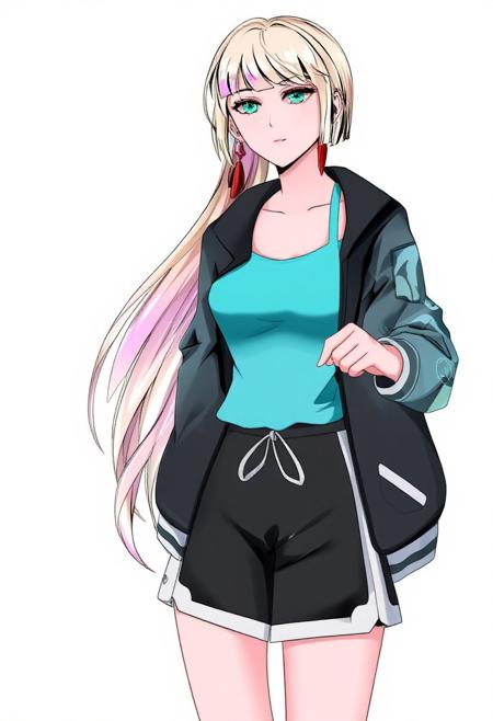 Mizuki, Blonde Hair with Pink highlight, Aqua eyes, Red Earring, Aqua Jacket, Black short, Aqua tank top, platform sandals, full body, standing, solo