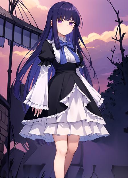 masterpiece, best quality, highres, background red clouds, long hair, blue hair, blunt bangs, purple eyes, bowtie, frills, black dress, puffy sleeves, short over long sleeves, long sleeves, legs, dress, <lora:Frederica Bernkastel anylora8ep40r50r80r-000006:0.7>,  standing, outdoors