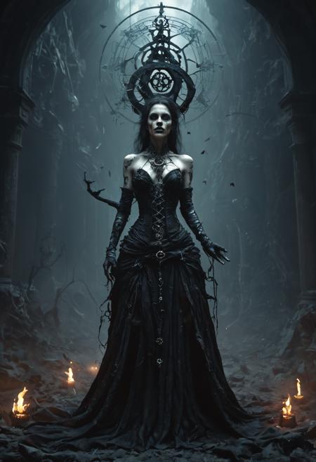 a beautiful female necromancer stands in her tower on the dead planet, her plunging gown is rife with symbols of magix and death, a swirling aura of undead magic surrounds her, an atmosphere of dark magic and death, desolation, corpse magic, high detail skin texture, realistic skin, masterpiece, meticulous, octane render, 35mm, bokeh, 9:16, (intricate details:1.12), hdr, (hyperdetailed:1.15), , (realistic photo), (in the style of Gerald Brom:1.2), <lora:SDXLFaeTastic2400:0.8>