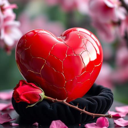 A red porcelain Valentine heart, red, glossy surface, repaired in the japanese kintsugi style, with gleaming gold visible in the numerous wide cracks ion its surface.  the heart is nestled into a base of black velvet. In front of the heart is a single long-stem red rose with thorns on the stem. The background is a cherry blossom garden blurred into a soft pastel bokeh.