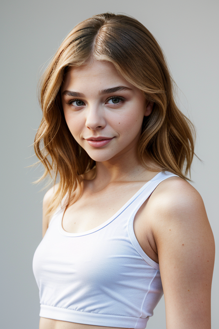 ChloeMoretz, (slim, fit, model polaroids, white cotton tanktop, white Lycra leggings:1.2), (closeup on upper body:1.3), casual wavy mid-length hair, relaxed pose, serious look, neutral background