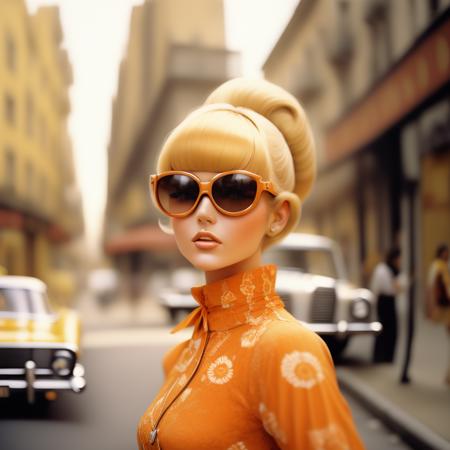 a vintage retro 60's photo of a young anime woman with blond hair a retro up-do, sunglasses and a retro shirt, standing in the street with building and cars behind her.
<lora:RetroStyleV1:1> 60Retro69Punch75, Retro aesthetics, aged film look, sepia tone, classic framing, vintage props, nostalgic atmosphere, grainy texture, antique colors, soft focus, old-fashioned elegance, timeless beauty, Intricate, High Detail, dramatic