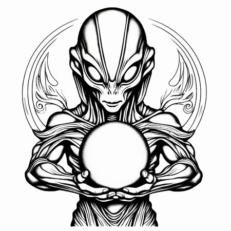 orn8 design of a highly detailed of alien holding glowing orb