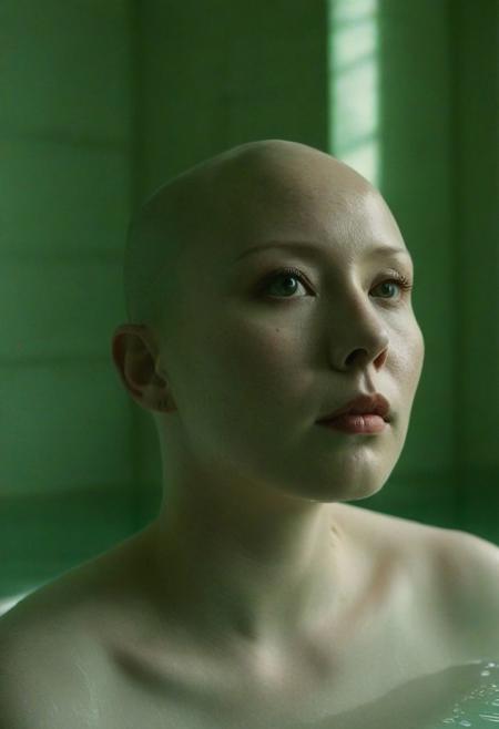 Analog nude full body portrait photograph, 2girls, nude, (1girl beautiful elegant chubby Asian woman , shaved head )(shiny scalp)(bald head:2), shaving head of (1girl, beautiful petite pale freckled redhead white woman), with razor, in pool of ornate huge Moorish Bath, columns, skylights, shot from below, dark chiaroscuro lighting, rich dark cool reds and pale rich green colors in background, 35mm, realistic, Cinematic Hollywood Film style, high detail, detailed eyes, detailed skin texture, (blush:0.2), (goosebumps:0.3), subsurface scattering, highly detailed skin, skin imperfections, mole, dirty skin, sweat, scar, atmospheric, dramatic, erotic, sensual, rich dark colors, deep shadows, masterpiece, harmonious, vignette, 4k epic detailed, shot on kodak, 35mm photo, sharp focus, high budget, cinemascope, moody, epic, gorgeous, film grain, asz, portrait photo, Art style by Ingres