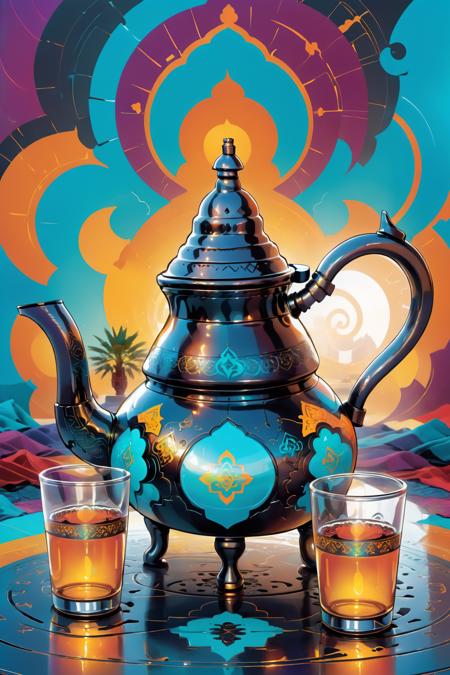 a moroccan teapot and glass. graphic illustration,  emerging from a chaotic swirl of colors. vibrant,  A Hi-Tech cyberpunk style,  moroccan patterns glowing,  Custom design,  Mechanical parts,  shining body,  glowing look,  full shining,  hues style,  cyberpunk style,  mecha,  perfect Hi-Tech,  cyberpunk,  atai,  atai, atai, Leonardo Style, <lora:EMS-40408-EMS:0.800000>