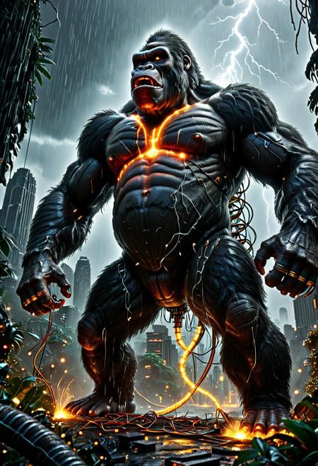 (masterpiece:1.3), best quality, ultra-detailed, cinematic action shot, (a colossal electronic King Kong, its muscular form a dense mesh of glowing Transistors and carbon fiber, roaring with electric fury:1.4), locked in an epic struggle with a gigantic Titanoboa, its serpentine body a seamless armor of iridescent microchips and pulsating energy conduits, (the two titans coiled in a dramatic, high-contrast clash in the heart of a stormy, rain-lashed jungle:1.2), sparks flying as their technological bodies collide, intense, dynamic, (King Kong's fists, crackling with raw power, gripping the snake's body:1.1), volumetric lighting from lightning strikes illuminating the scene, a sense of raw, untamed energy, aidmaImageUpgrader