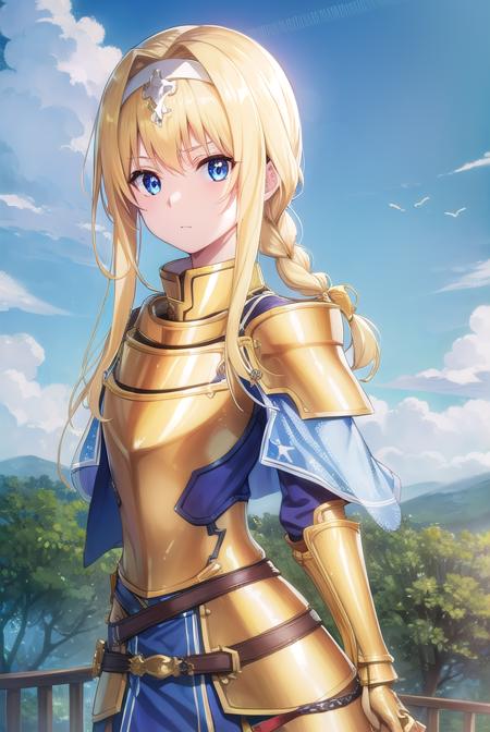 alicezuberg, <lora:alicezuberg-lora-nochekaiser:1>, 
alice zuberg, bangs, blue eyes, blonde hair, hair between eyes, very long hair, braid, hairband, white hairband,
BREAK dress, cape, armor, blue dress, shoulder armor, gauntlets, pauldrons, breastplate, armored dress, faulds, blue cape, knight, (gold armor:1.5), body armor,
BREAK outside, forest, nature, sun, sky,
BREAK looking at viewer, (cowboy shot:1.5),
BREAK <lyco:GoodHands-beta2:1>, (masterpiece:1.2), best quality, high resolution, unity 8k wallpaper, (illustration:0.8), (beautiful detailed eyes:1.6), extremely detailed face, perfect lighting, extremely detailed CG, (perfect hands, perfect anatomy),