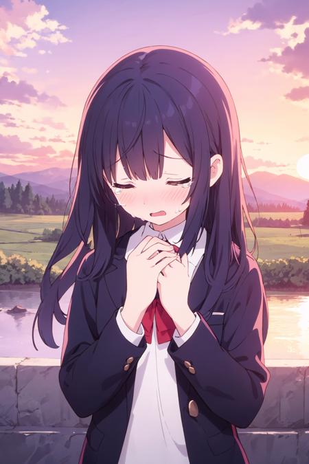 1girl, school uniform, look down, profile, face focus, broken heart, wipe tears, crying, close eyes, summer end, school zone, prism lake, country, town, old school, dusk sky, sunset, twilight, mountains, superb views, outdoor, nature