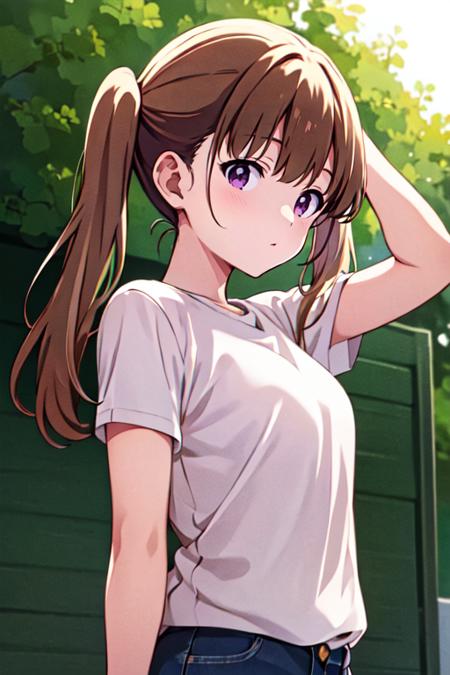 ShioriKobayakawaR4 1girl, bangs, twintails, brown hair, purple eyes