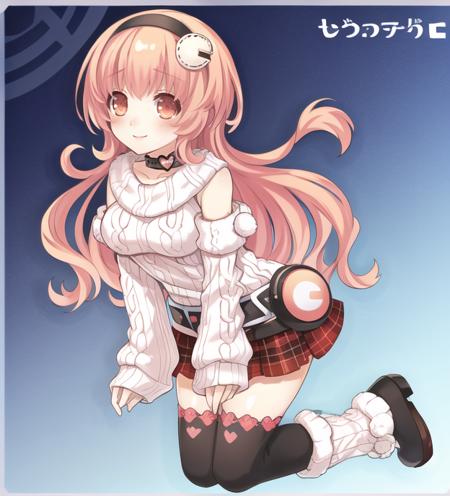 task(9nmn948k0ph1c1k)  <lora:Compa REV1:0.7> compachan, solo, long hair, smile, plaid skirt, pink hair, detached sleeves, black thighhighs, hair ornament, breasts, full body, red eyes, blush, zettai ryouiki, heart, orange eyes, belt