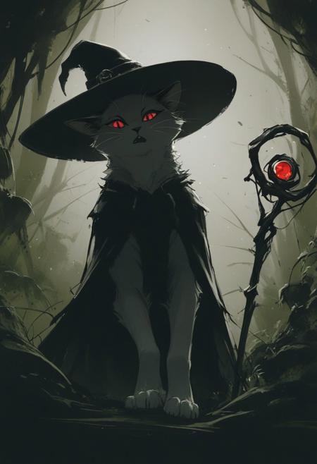 score_9, score_8_up, score_8, solo, (fluffy:0.8), (feral), furry, (((cat))), female, claws, (fluffy cheeks:0.7), (black dress), grey fur, black ears, red eyes, look at viewer, (solo), j_cartoon, aesthetic, dramatic angle, unique perspective, unique angle, night, dark, swamp, (witch hat), (hold magical staff:1.5), (cruel expression), monochromemuse, monochrome, greyscale, j_cartoon, (open mouth), look at viewer,
