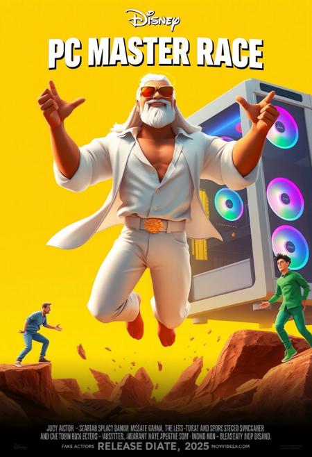 Create a fake CGI Pixar style movie poster by Disney, the pixar style movie poster has a cartoon man with dark yellow skin who is floating in the air, the words "PC MASTER RACE" can be seen writren in the image above his head in a bold large clear font, he is wearing a V-cut loose white shirt, white trousers and has majestic flowing long white hair and golden sunglasses, he is smirking confidently while flexing his arms, he has a golden halo, the ground is being torn apart from his mere presence, the background is bright yellow with a gigantic white PC case with RGB lights towering over the horizon, in the left corner there is a man in blue clothes cowering in fear.
And in the right corner there is a man in green clothes cowering in fear.
The movie poster has vivid colors and is despite its silliness very well rendered and extremely detailed, at the bottom are the names of fake actors usually seen on movie posters in cinema, including a fake release date in 2025.