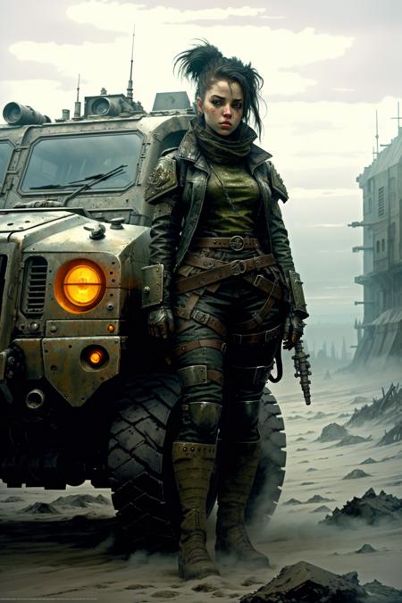 <lora:dieselpunk:1> dieselpunk,  1girl,  armor, realistic, (atmospheric volumetric fog:1.1), military, ground vehicle, (masterpiece:1.4) (illustration:1.2) (best quality:1.4) (8k) (HDR) (wallpaper) (cinematic lighting) (sharp focus) (intricate), building,