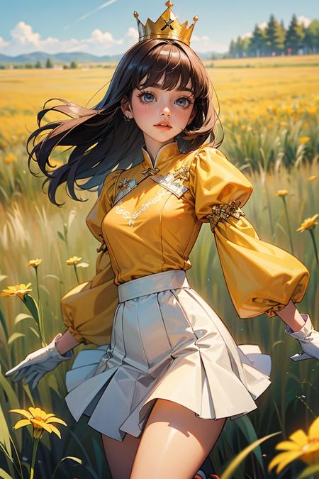 masterpiece,best quality, 1girl, cowboy shot, yellow top with puffed sleeves and an orange skirt, white gloves, yellow shoes, and a crown with orange detailing, bangs, grass, in a field,
<lora:add_detail:0.4>,