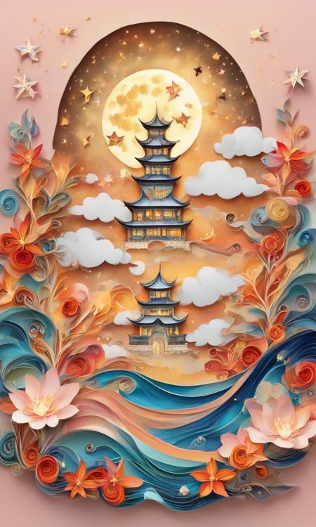 yanzhi,Diffractive Paper Artwork， sky, cloud, water, star \(symbol\), tree, no humans, night, bird, moon, building, star \(sky\), night sky, scenery, starry sky, watercraft, castle, ship, waves, tower, boat. vibrant color scheme,Softlight,(warm color:1.2),Water color painting,light background,best quality exquisite details,3d rendering,Octane render,pastel,