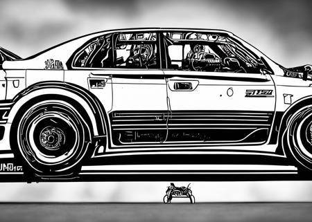 monochrome car chaser jzx100 drift spec bodykit, detailed work wheels, shibuya prefecture, black and white, lineart