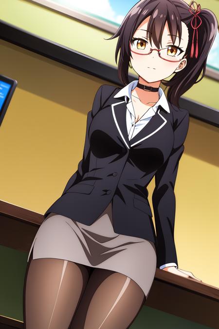 1girl, solo, looking at viewer, skirt, shirt, black hair, hair ornament, long sleeves, brown eyes, medium breasts, collarbone, jacket, white shirt, pantyhose, glasses, choker, collared shirt, miniskirt, black skirt, side ponytail, black jacket, dress shirt, black choker, formal, suit, wing collar, semi-rimless eyewear, pencil skirt, brown pantyhose, office lady, skirt suit, hasuki_komai, office background