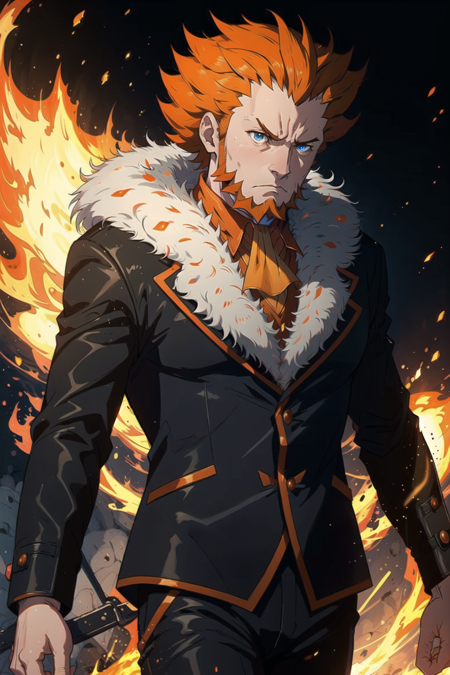 masterpiece, best quality, <lora:LysandreLora:0.7>, lysandre \(pokemon\), frown, facial hair, beard, black pants, black jacket, fur collar, fire, orange ascot, blue eyes,