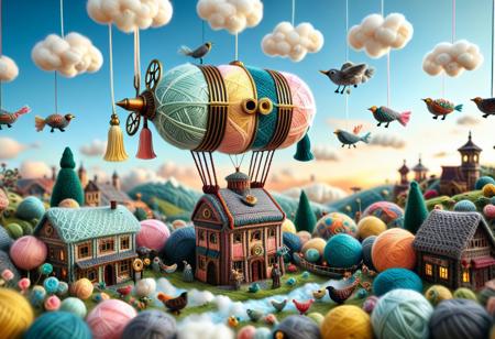 majestic steampunk airship crocheted from yarn, ornate brass-tone stitchwork, patchwork balloon billowing with layered knit panels, spinning spool-propellers, tassel rigging fluttering, drifting above fluffy knitted cumulonimbus clouds, golden-hour sky in soft pastels, warm rim lighting, tiny crocheted birds soaring nearby, cinematic wide-angle vista, hyper-detailed wool fibers, tilt-shift macro depth-of-field, cozy whimsical atmosphere, 8-k high-resolution, Octane render