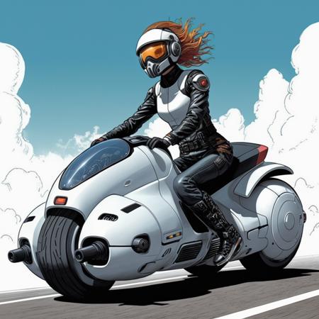 <lora:Akira_Toriyama_vehicle:1> a girl, riding a futuristic hover motorcycle, full body, helmet, cool suite, manga, hand drawing, full colour, cloud, sky, <lora:add-detail-xl:1.2>, cyberpunk, detailed