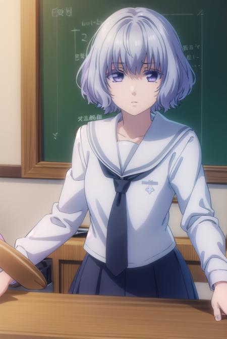 nanamishiranui, <lora:nanami shiranui s1-lora-nochekaiser:1>,
nanami shiranui, short hair, bangs, (purple eyes:1.1), grey hair, mole, mole under eye,
BREAK skirt, long sleeves, school uniform, necktie, serafuku, sailor collar,
BREAK indoors, classroom,
BREAK looking at viewer, (cowboy shot:1.5),
BREAK <lyco:GoodHands-beta2:1>, (masterpiece:1.2), best quality, high resolution, unity 8k wallpaper, (illustration:0.8), (beautiful detailed eyes:1.6), extremely detailed face, perfect lighting, extremely detailed CG, (perfect hands, perfect anatomy),