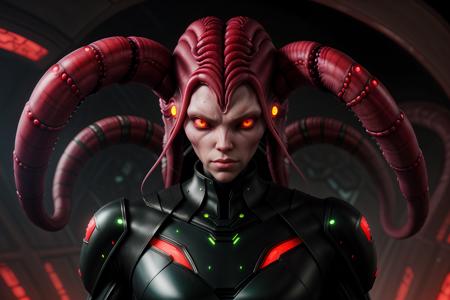 femalien, bodysuit, armor, muscular, massive, strong, tentacle hair, red eyes, glowing,
<lora:FemAlien:0.8>
