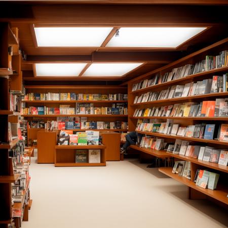 ohwx, library, realistic, bright, wide angle view, spot light, high light, wooden floor, white ceiling, trees, green, plants, the interior of a bookstore with shelves and lights, in the style of white and green, post-minimalist structures, craftcore, large-scale muralist, lively tableaus, subtle, earthy tones, mingei, raw, 4k, 8k, fuji film, super detail