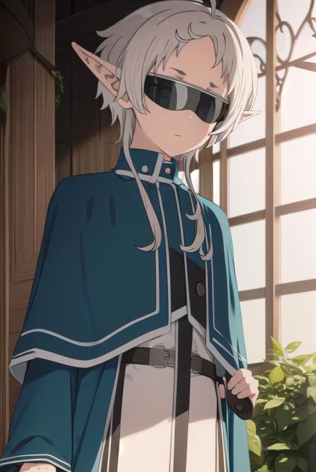 sylphy, <lora:sylphys2-lora-nochekaiser:1>, 
sylphy, short hair, ahoge, white hair, pointy ears, (sunglasses:1.5), elf,
BREAK pants, capelet, black pants, cape,
BREAK indoors, library,
BREAK looking at viewer, (cowboy shot:1.5), 
BREAK <lyco:GoodHands-beta2:1>, (masterpiece:1.2), best quality, high resolution, unity 8k wallpaper, (illustration:0.8), (beautiful detailed eyes:1.6), extremely detailed face, perfect lighting, extremely detailed CG, (perfect hands, perfect anatomy),