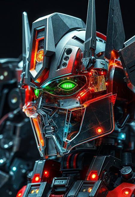 hyperrealistic, optimus prime, A transformers robot with a cut-away view showing pistons and led's and circuit boards and motors