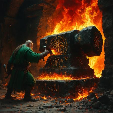A grizzled dwarven blacksmith, veins ablaze in forge-light, pounds arcane runes into crimson-hot iron on a titanic obsidian anvil. Fisheye perspective from below, framing his sinewy form against swirling auroras bleeding through smoke-choked rafters. Frank Frazetta meets Art Nouveau: chiaroscuro flames lick jade-green patinaed tools, casting fractured shadows across glyph-carved stone. Palette of smoldering vermillion, molten gold, and void-black steel. Each hammer strike ignites cobalt runic sigils that writhe like living serpents, their light refracting through suspended ash. Air thick with ozone and elderwood resin—the forge breathes, an ancient heart binding metal to magic.