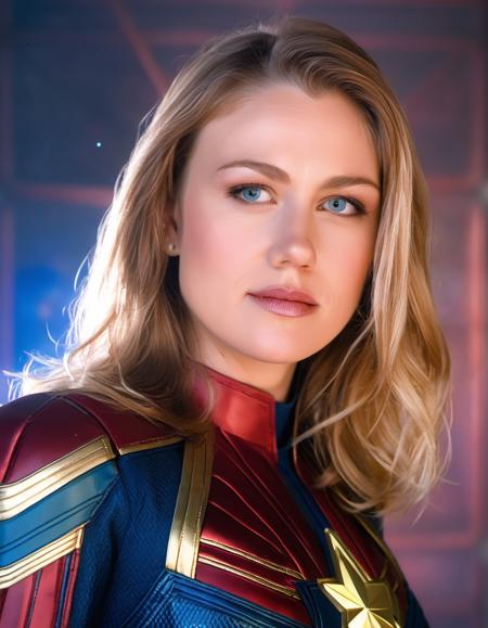 <lora:srstjms-000006:1>close up portrait photo of srstjms,   as Captain Marvel, cinematic lighting, in space