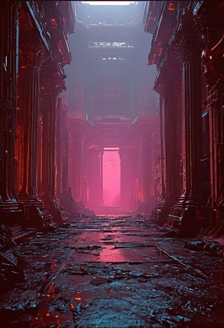 An otherworldly complex structure with pillars made of light and shadows, the ground pulsating with desaturated colors, ever-changing hues, embodying a dream within a dream, 
in the style of the movie ambiance of Ridley Scott's 'Alien' with 80s sci-fi nostalgia. Blend dreamlike, claustrophobic spaces, grimdark Warhammer 40K magic, and campy yet sinister tones. Envision a surreal, dystopian world where arcane forces meet retro-futuristic sci-fi, creating a uniquely haunting tableau
, in the style of an old 80's VHS dark fantasy, VHS screen grab, grainy, old footage