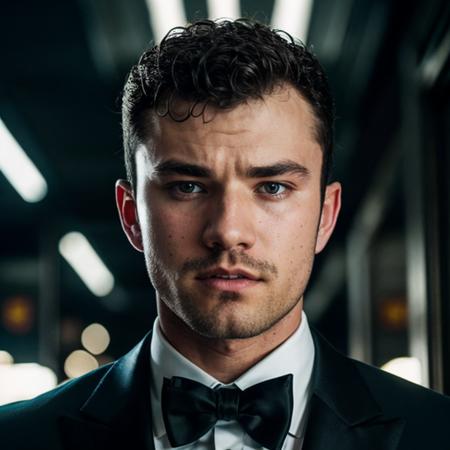 DSLR photo of chaseroback person using a tuxedo.face portrait.in blade runner.daylight.professional photography.high resolution.detailed photo.RAW.still film.f/16.uhd.hdr.4k <lora:chaseroback_47250:1>