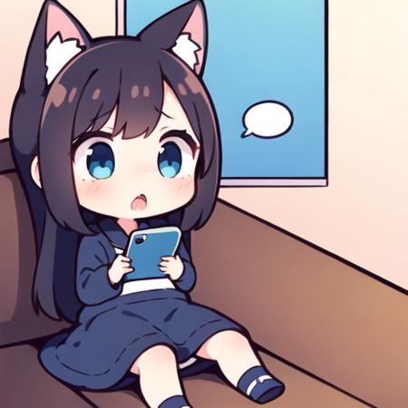 1girl, chibi,iphone,phone,looking at phone,spit take,cat ears,  head down,confused,???,surprised,sitting,