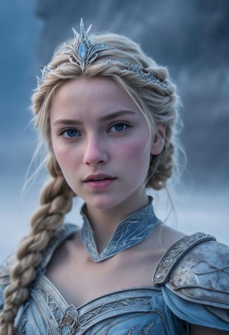 Close Up shot of  Elsa from the Frozen tale as a princess warrior, she IS a very beautiful girl, long blonde braid hairstyle, beautiful, silver steel armour, light blue dirt dress, wind, at night, fog, mist, ice castle at the background, National Geographic photography awarded masterpiece