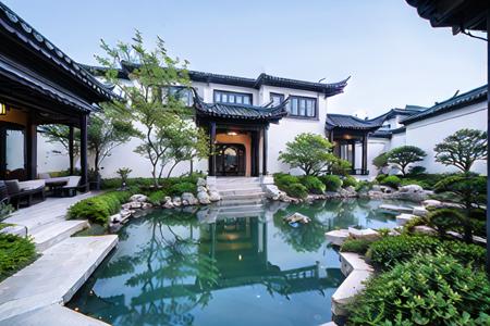 masterpiece, best quality, yuanlin, suzhou garden, traditional chinese garden, zutuan, yuanlin, scenery, tree, water pond, dark theme, high contrast, outdoors, flower, bush, lantern, stairs, plant, road, nature, stone lantern, architecture, path, sky, 