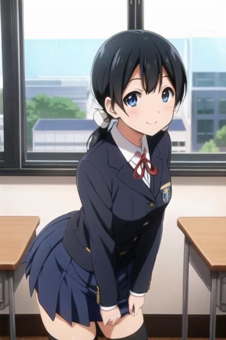 high quality, masterpiece, beautiful, 1girl, (kitashirakawa_tamako), twintail, black hair, blue eyes, (school_uniform), looking back, indoor, looking at viewer, smile, by the classroom window, classroom, <lora:kitashirakawa_tamako_v3-000005:0.5>