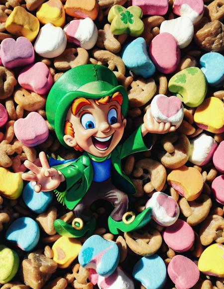 instagram photo, photo of Lucky the Leprecaun, Lucky Charms, colorful marshmallow charms, hard shadows <lora:Lucky-Charms-XL-v1-000015:0.8>