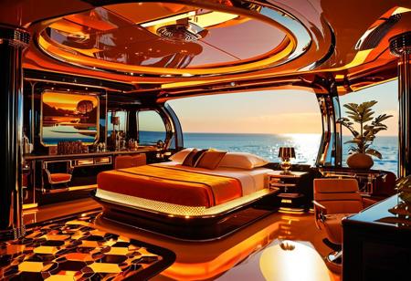 ((70's retrofutursim with Syd Mead art style)), luxury private yacht interior, ocean view, groovy aesthetics of the 70's, Vasarely art, psychedelic colored lights, adorned with geometric patterns, all painted in the distinctive style of Syd Mead, renowned for his iconic retro-futuristic artworks, evening orange light, sunset, glowing windows, dinner service, cocktails, silverware, obsidian panels, gold trim, plush bedroom, sleeping compartment,